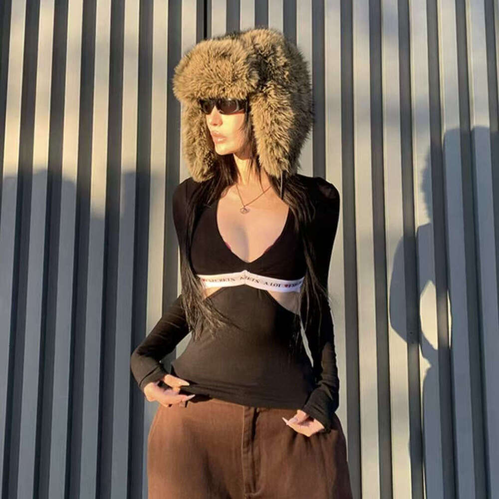 American Style Spicy Girl V-Neck Waist-Exposing Fake Two-Piece Pure Desire Sexy Top For Women Summer Niche Design Slim Fit Long Sleeve B5