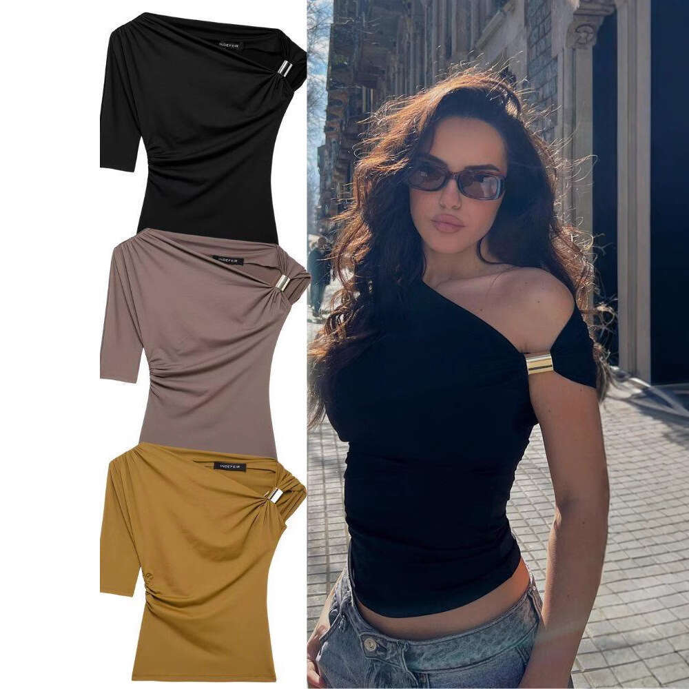 TRAFZA Metal Embellished Asymmetric Pullover Top Summer Ruched Single Sleeve Stretch Slim Fit Women's Casual T-Shirt B5