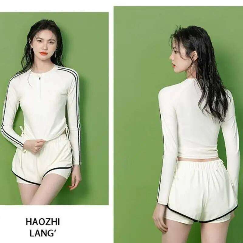 Women Front Zippered Rashguard Two Piece Swimsuit Long Sleeve Surfing Swimwears Athlete Training Bathing Suit