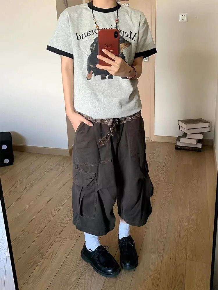 HOUZHOU Vintage Cargo Short Oversized Y2k Grunge Cropped Pants Wide Leg Hip Hop Style Streetwear Baggy Pockets Pant 250714