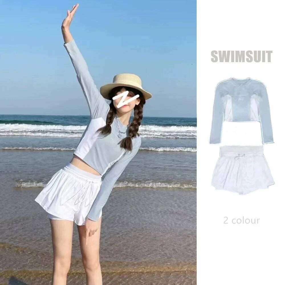 Conservative Sexy Women's Swimsuit Two-Piece Set Thermal Spring Bathing Student Sports Swimwear Belly Covering Slimming Design