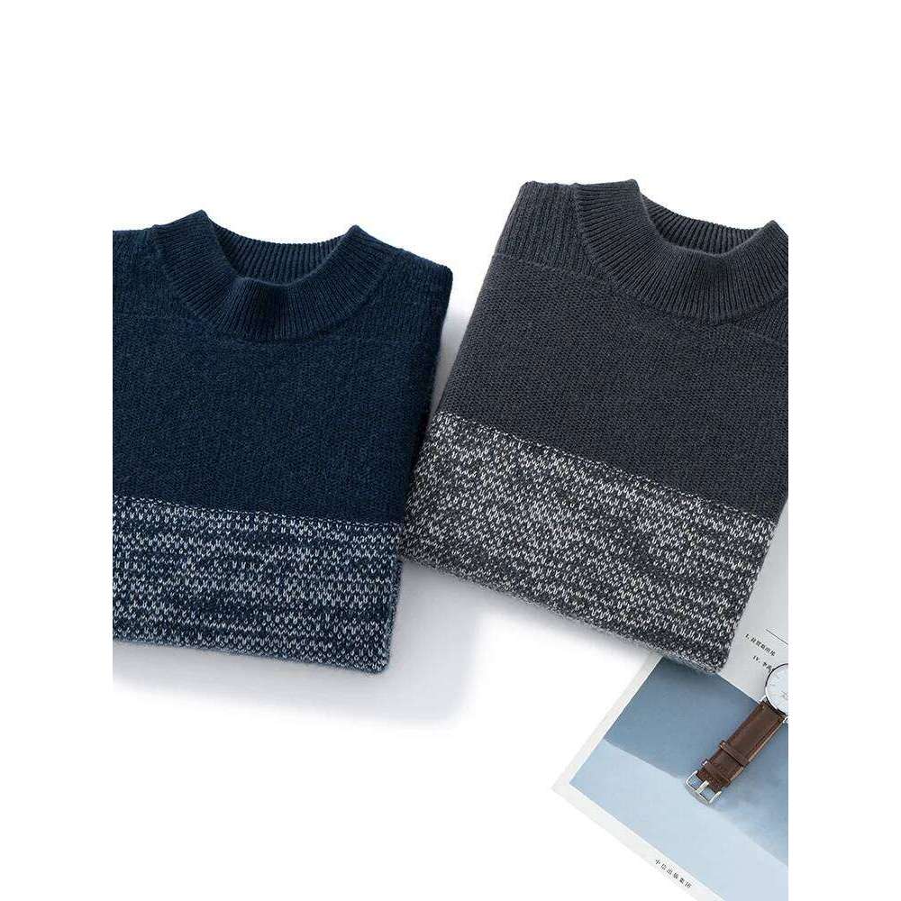 High Quality Men Sweater Mock Neck Striped Pullover Autumn Winter Thick 100% Cashmere Knitwear Soft Warm Clothing Tops