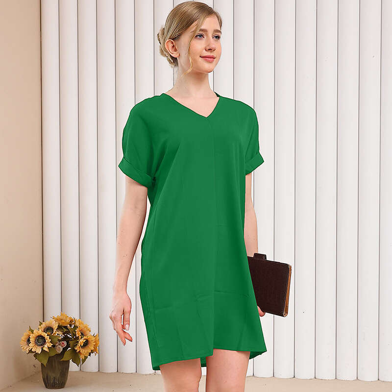 Summer Fashion Women's Solid Color H-Shaped Loose Casual V-Neck Short Sleeve Homewear Dress B5
