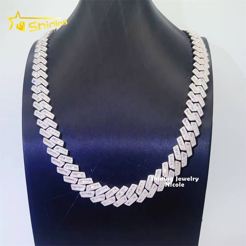 Fine Jewelry High Quality Bling 925 Silver 15mm Hip Hop Miami Iced Out Vvs Moissanite baguette Cuban Link Chain
