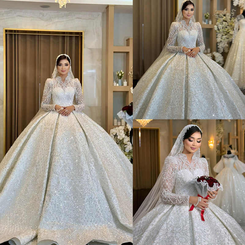 Gorgeous Ball Gown Wedding Dress Sequins Pearls Bridal Gowns High Neck Long Sleeves Sweep Train Dresses Customized vestidos de novia