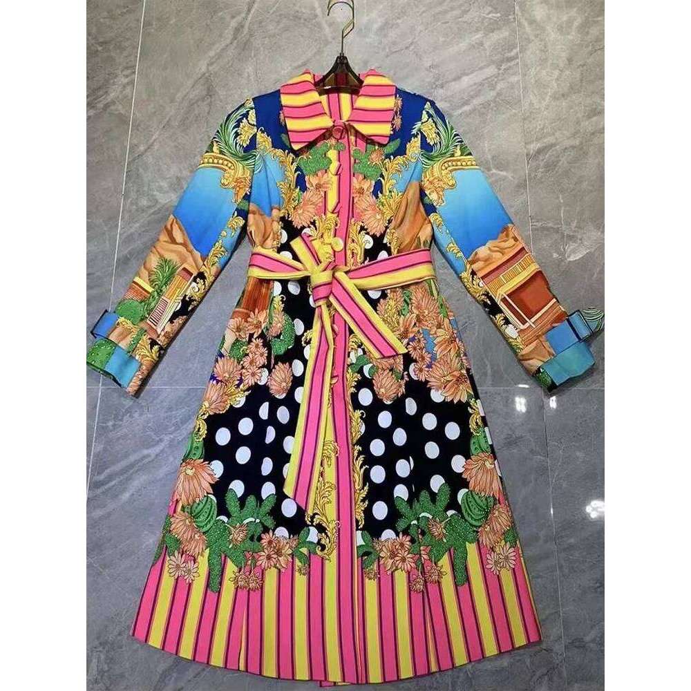 Retro Autumn New Printed Lapel Single-Breasted Long-Sleeved Lace-Up Trench Temperament Fashion Joker Ladies Coat Dress.