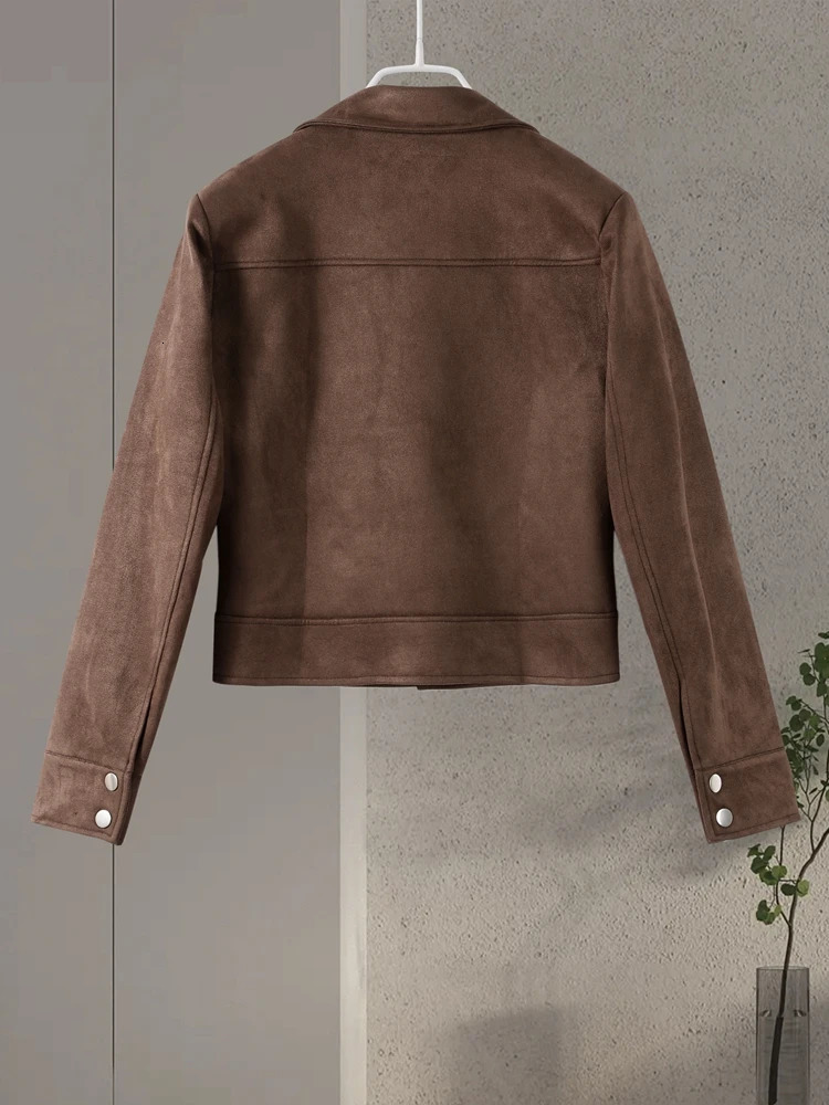 Fashion Brown Suede Jackets Women Lapel Long Sleeve Single Breasted Pockets Coats 2025 Spring Autumn Street Retro Lady Outwears 250715