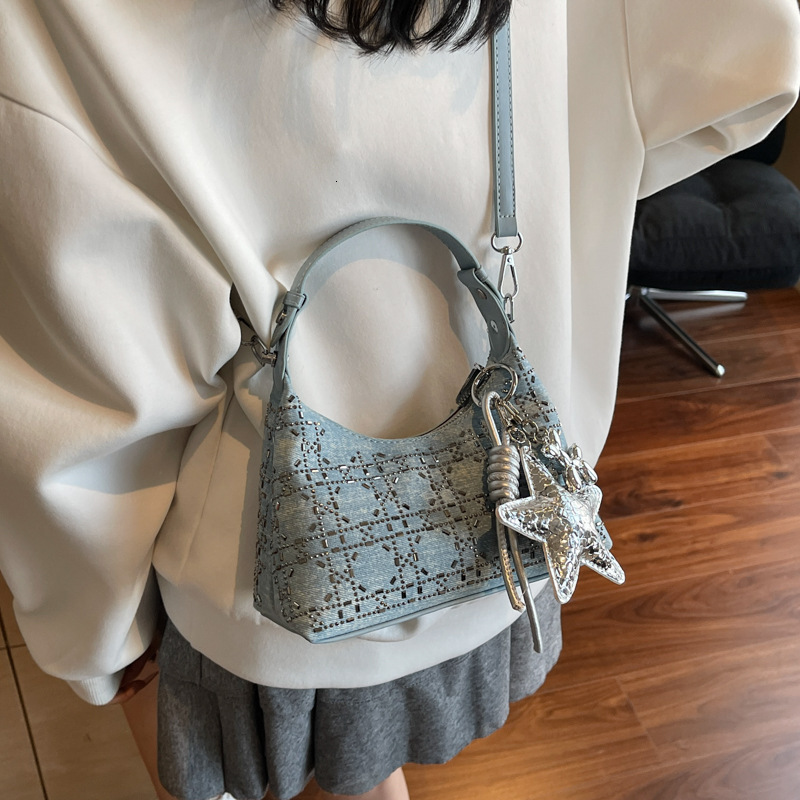 Summer new women's shoulder bag, new Korean casual denim shoulder bag, fashionable rhinestone handbag, fashionable underarm bag, new designer bag