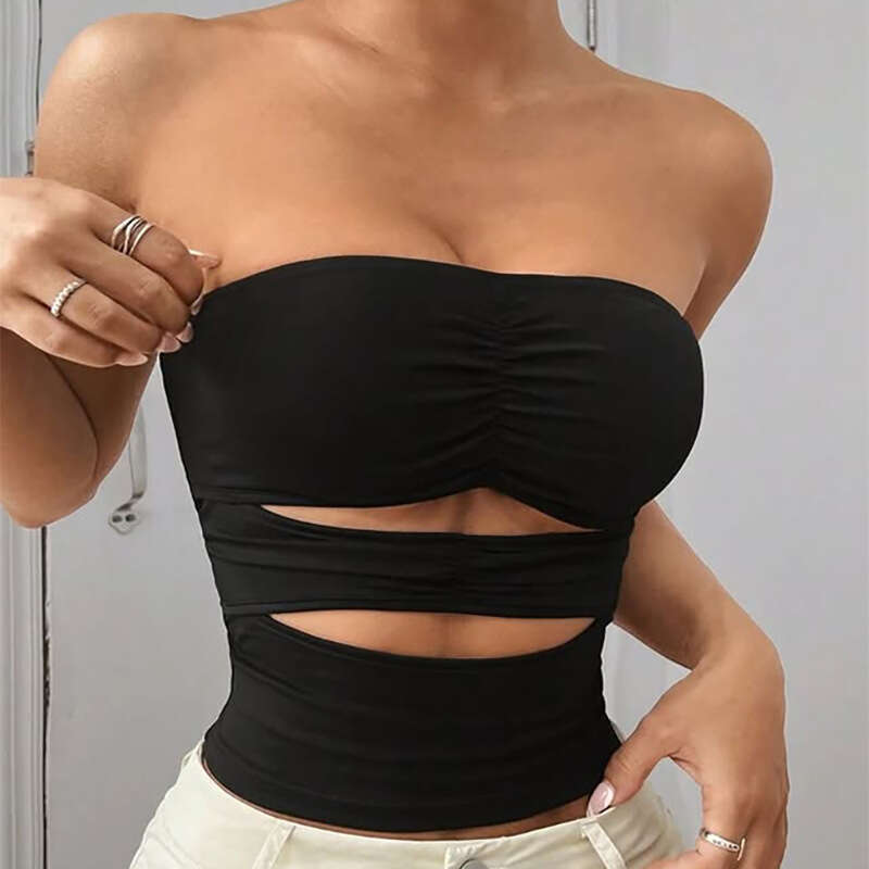 New Style Hollow Out Strapless Tank Top Slim Fit Black Off-Shoulder Sexy Hot Girl B5