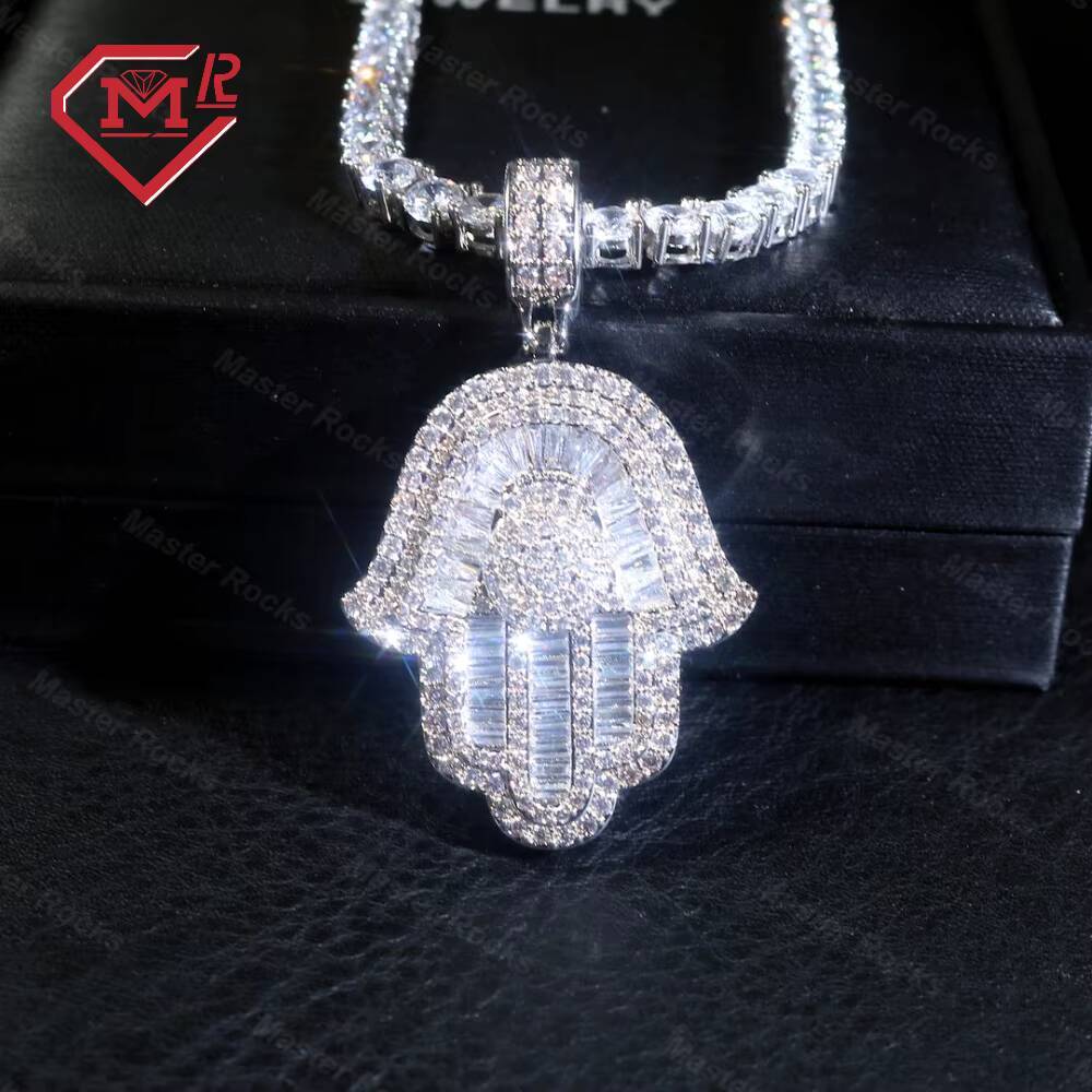 Luxury Hip Hop Jewelry 925 Sterling Silver Iced Out Baguette Diamond Pendant Mens Vvs Hamsa Pendant Moissanite