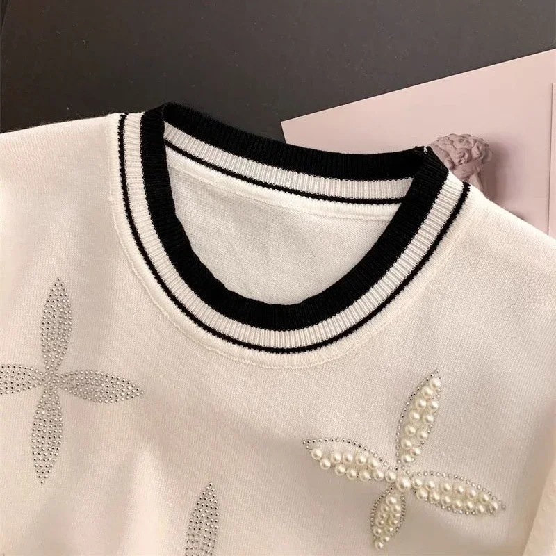 Ice Silk O-neck Beaded T-shirts Fashion Sweet Knitted Short Sleeve Tee Shirt Summer Loose Black Tops Women 250718
