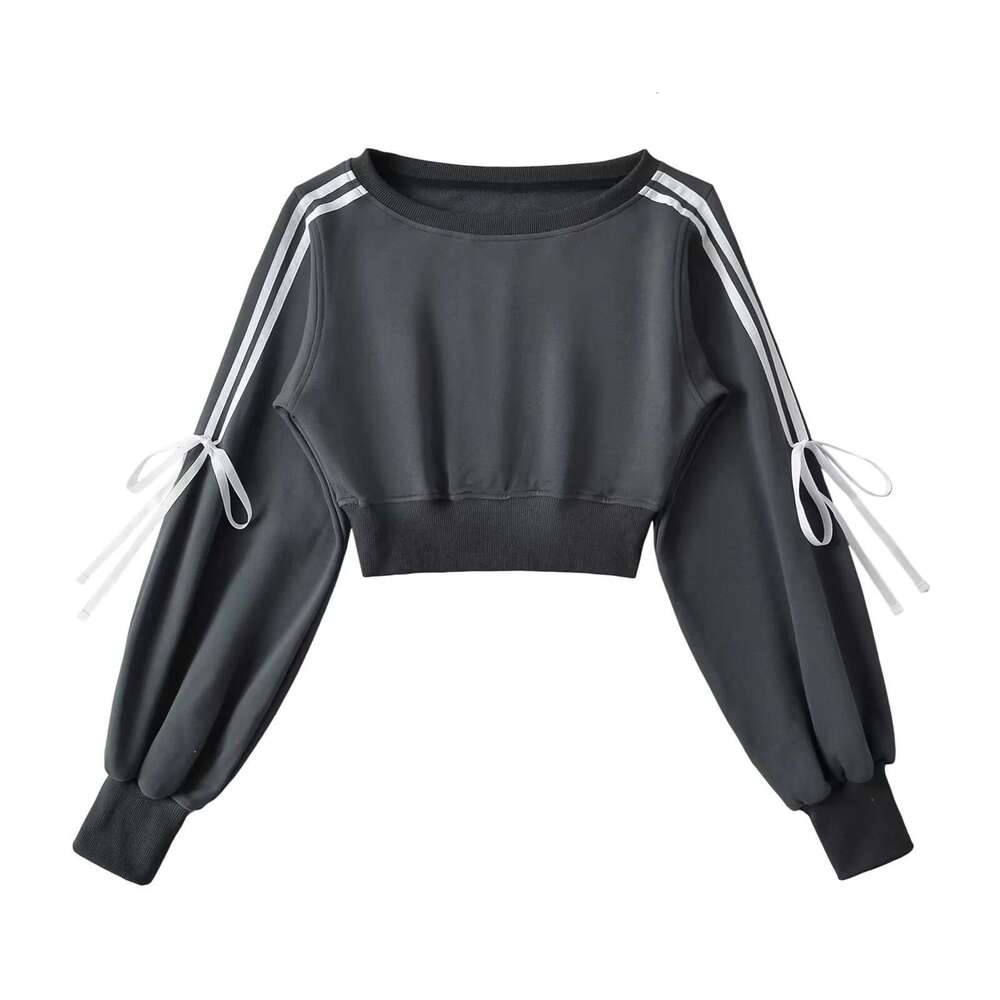 American Style Patchwork Pullover Sweatshirt For Women, Short New Autumn Hot Girl Lace-Up Loose Slimming Off-Shoulder Top B5