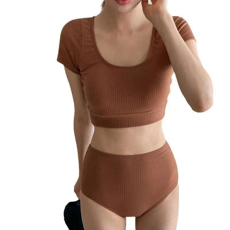 Sexy Short Sleeve High Waist Bikini Push Up Swimsuit Women Bathers Sports Black Swimwear Beach Wear 2025 Summer Bathing Suit