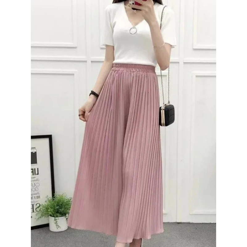 Summer Womens Pants Korean Fashion Solid Elastic Waist Pleated Loose Skirt Plus Size Casual Wideleg Cropped 250714