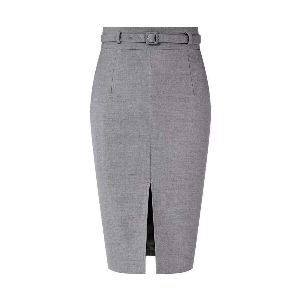 High-Waisted Slimming Front-Slit Blazer For Women, Autumn And Winter Gray Mid-Length With Belt, Bodycon Skirt B5 g5