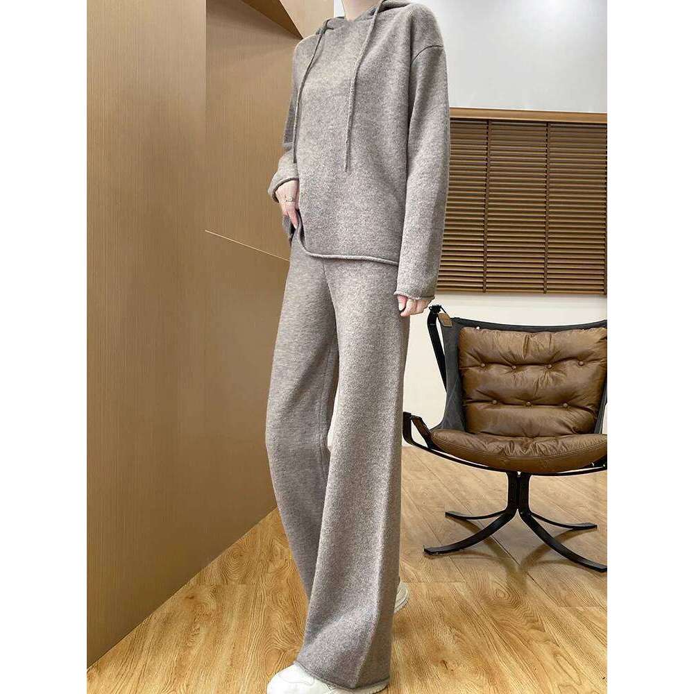 Women Hooded Pullover Straight Pant Suit Autumn Winter 100% Merino Wool Knitwear Sweater Pants Casual Loose Set Clothes