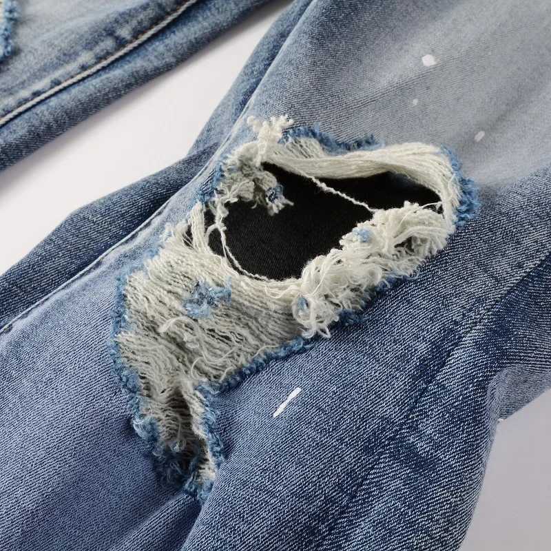 Men Coconut Palm Print Denim Jeans Streetwear Painted Skinny Tapered Stretch Pants with Holes Ripped Distressed Trousers X250718