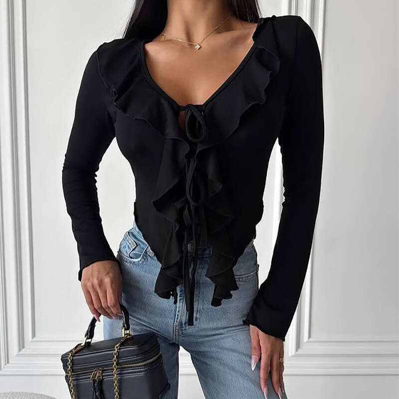 New Style Lace-Up Long Sleeve Women's Ruffled Sweet Spicy Pure Desire Short Top V-Neck Slim Sexy B5