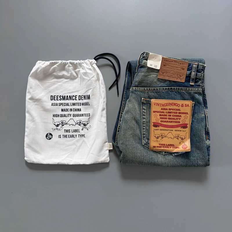 Mens Japanese Indigo Blue Selvedge Straight Leg Denim Jeans for Men Artisan Vintage Spring Washed with Raw Hem Detailing X250812