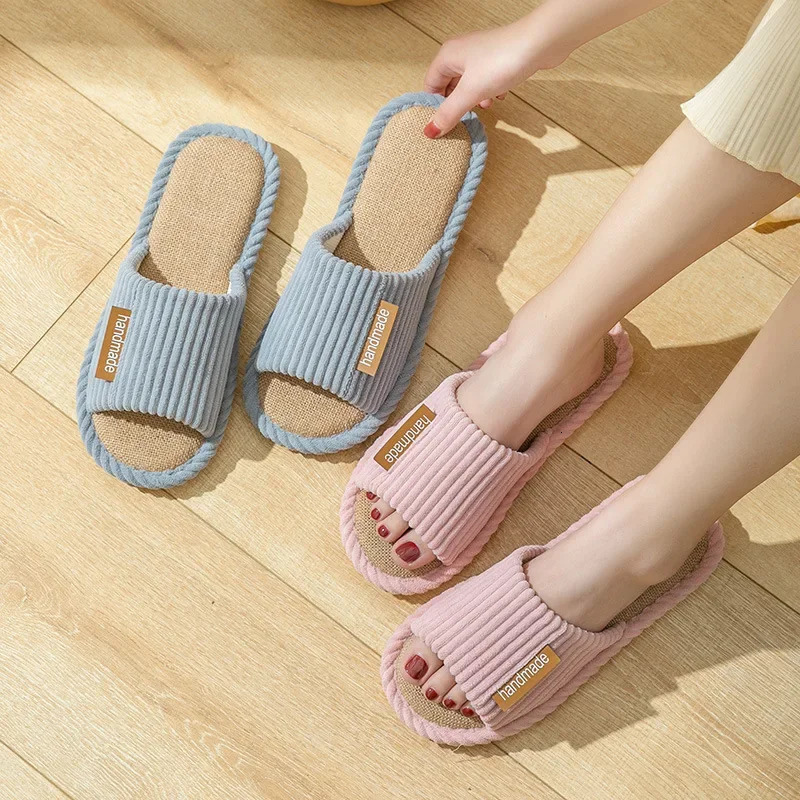 Striped Slippers Women Autumn Home Linen Flip Flops Couples Indoor House Non Slip Sandals Guest Shoes Male Flat Flax Sneaker 250717