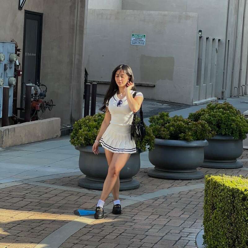 Summer New College Style Knitted Color Block Polo Collar Short Sleeve T-Shirt Pleated Mini Skirt Set B5