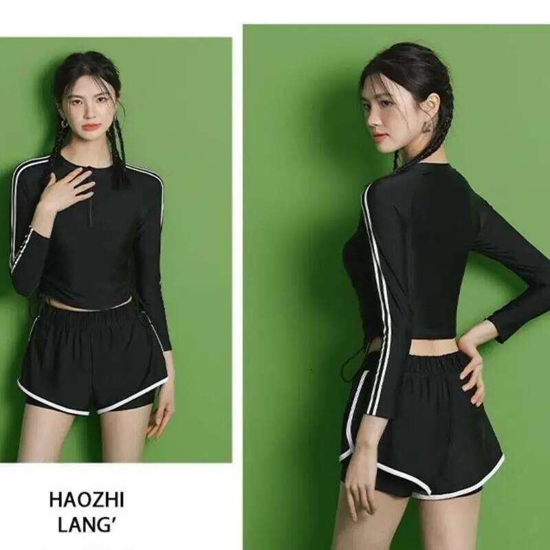 Women Front Zippered Rashguard Two Piece Swimsuit Long Sleeve Surfing Swimwears Athlete Training Bathing Suit
