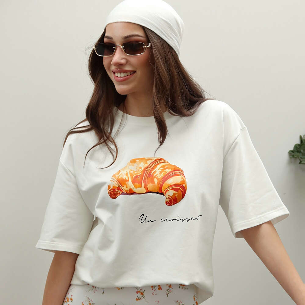 100% Cotton T-Shirt Summer Baguette Print Loose Short Sleeve Tee For Women B5