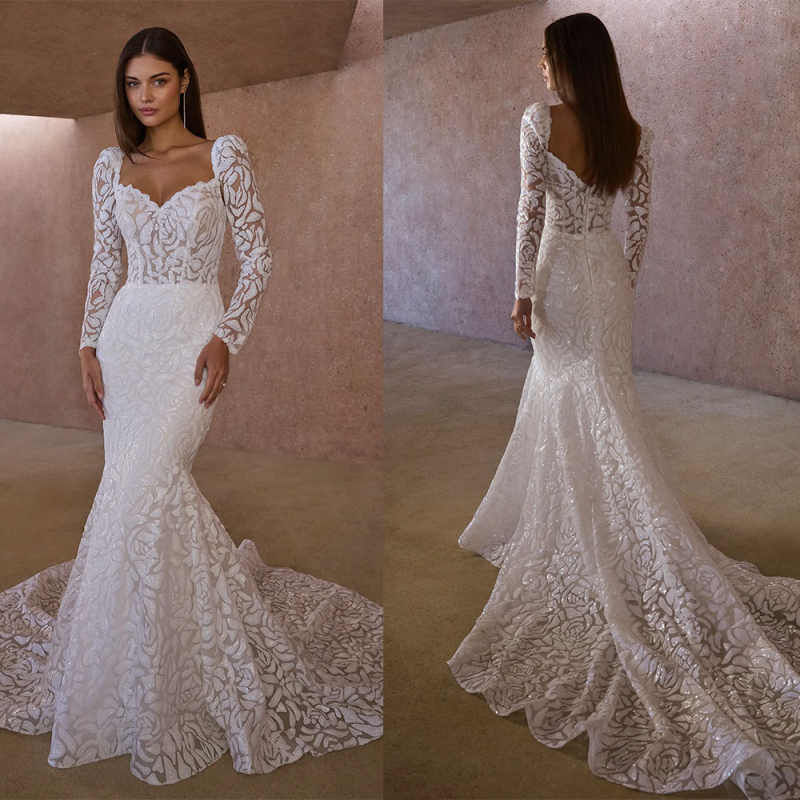 Glamorous Mermaid Wedding Dresses V Neck Long Sleeve Lace Zipper Sweep Train Bridal Gown Vestidos De Novia