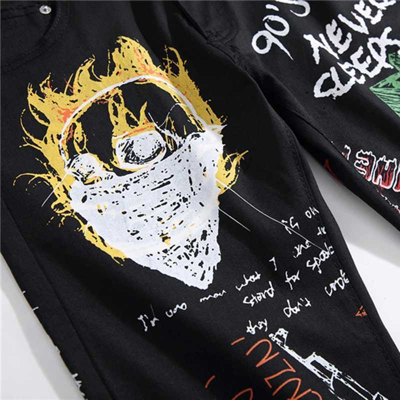 Sokotoo Mens Fashion Letters Flame Black Printed Jeans Slim Straight Colored Painted Stretch Pants X250718