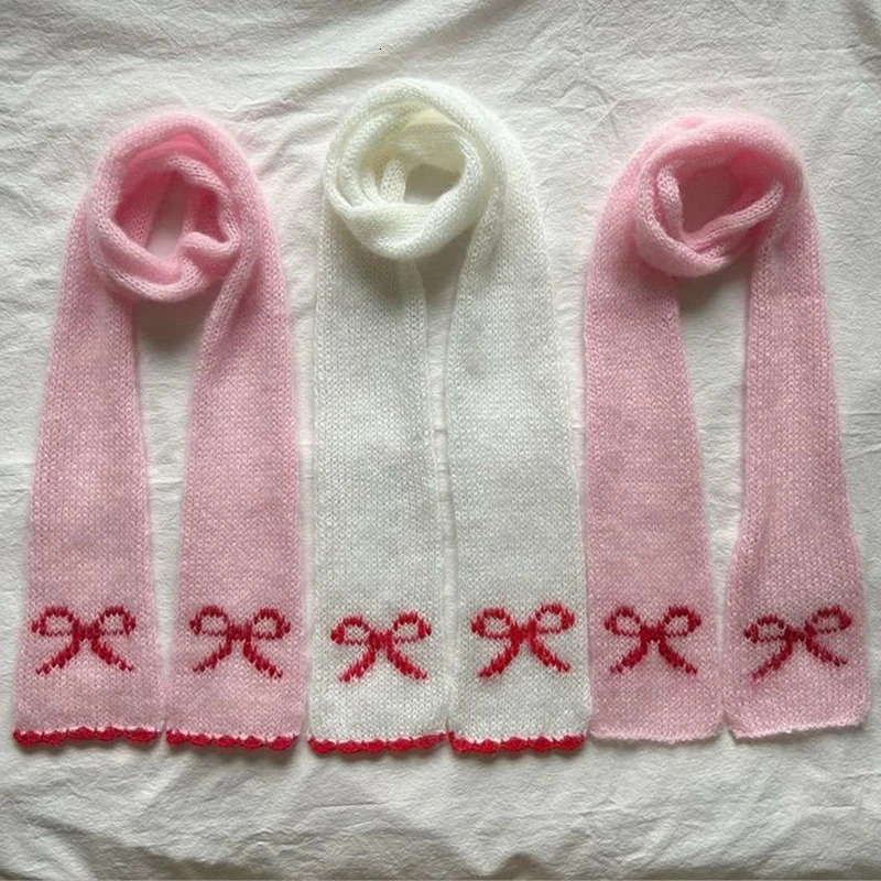 Japanese Kawaii Knitted Scarf Bowknot Pattern Soft Warm Scarf Y2k Fairy Aesthetic Clothing Accessories Winter Neck Warmer Scarf 250717