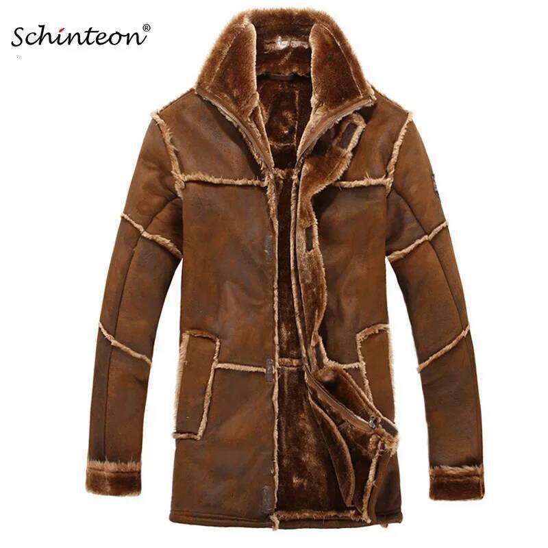 European Style Male Fashion Thick Warm Outwear Winter Men Faux Fur Coat Spliced Suede Leather Jacket Parkas Over Size