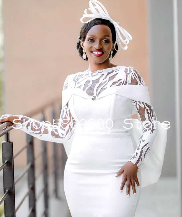 Little Whtie Dress Short Beach Wedding Dresses Long Sleeve Lace Applique Aso Ebi African Garden Bridal Gown Cutomsized