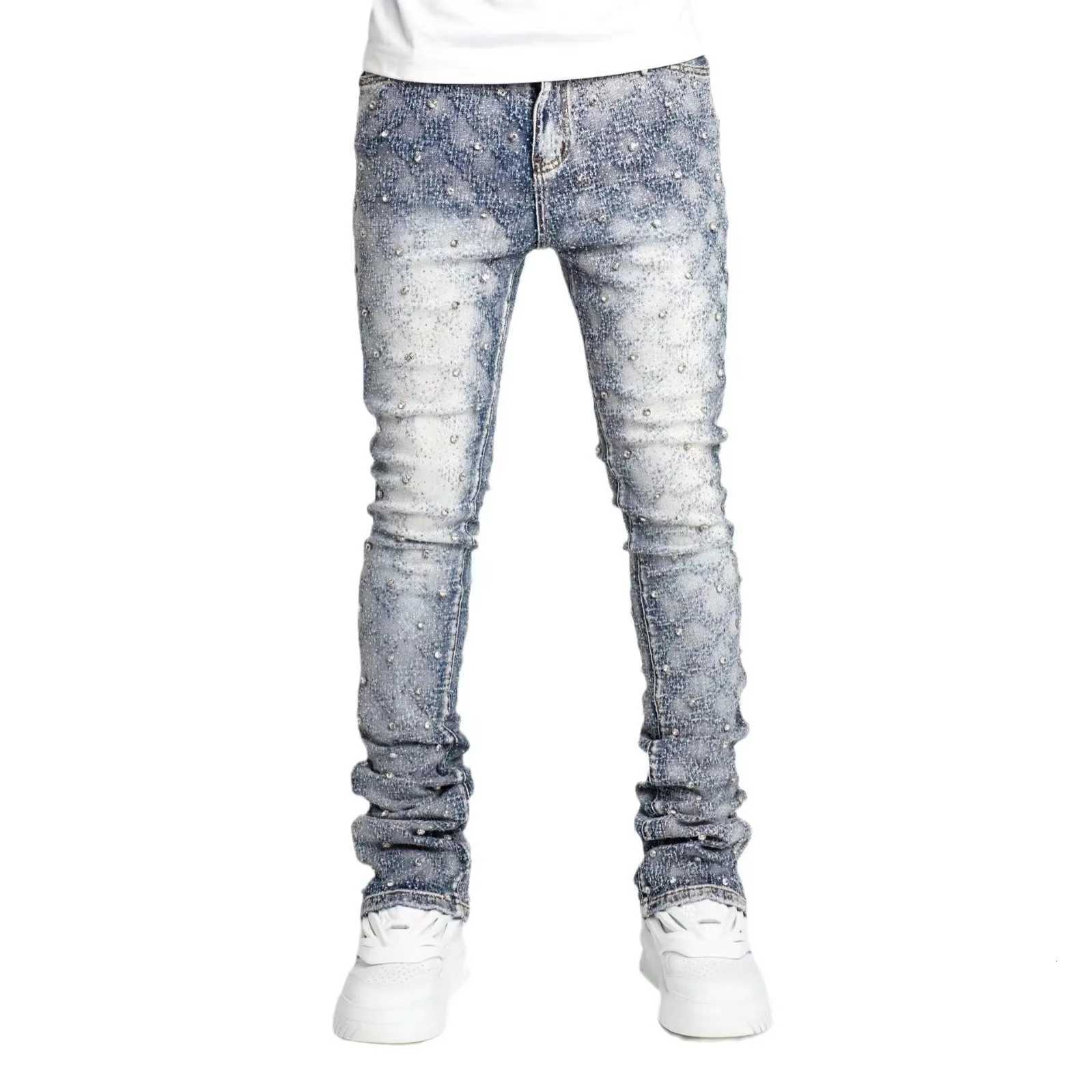 Blue Stretchy Pearls Skinny Jeans For Men 2024 New Fashion Rhinestone European Street Personality Stacked Denim Pants X250718