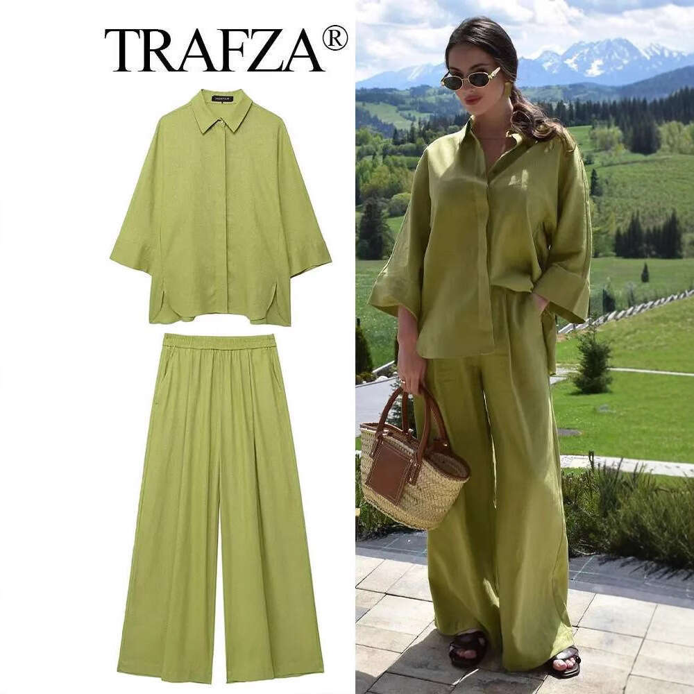TRAFZAINS Spring New Style Loose Shirt Wide-Leg Pants Casual Set B5