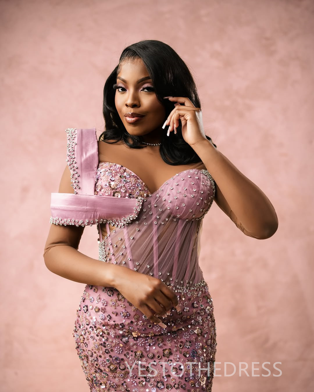 2025 Pink Aso Ebi Prom Dress Mermaid Prom Dresess Evening Formal Gowns Sheer Neck Long Sleeves Beaded Lace Birthday Second Reception Gown For Black Wo