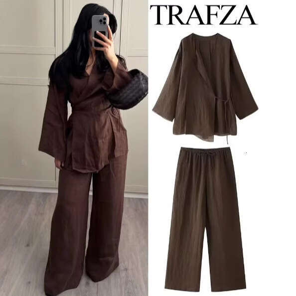 TRAFZA Women's Clothing Spring New Linen Tie Top And Pants Set B5