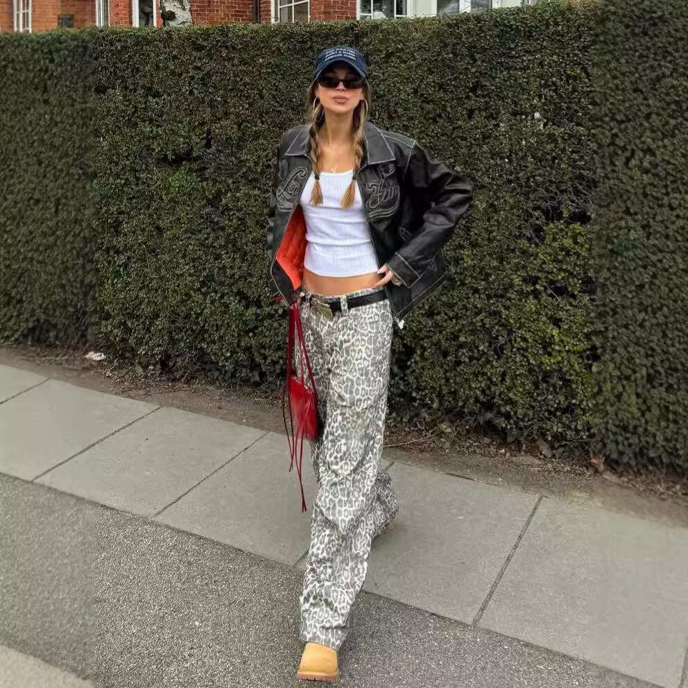 American Style Fashionable Leopard Print Mid-Low Waist Loose Wide-Leg Pants Women Straight-Leg Casual Cargo Jeans B5