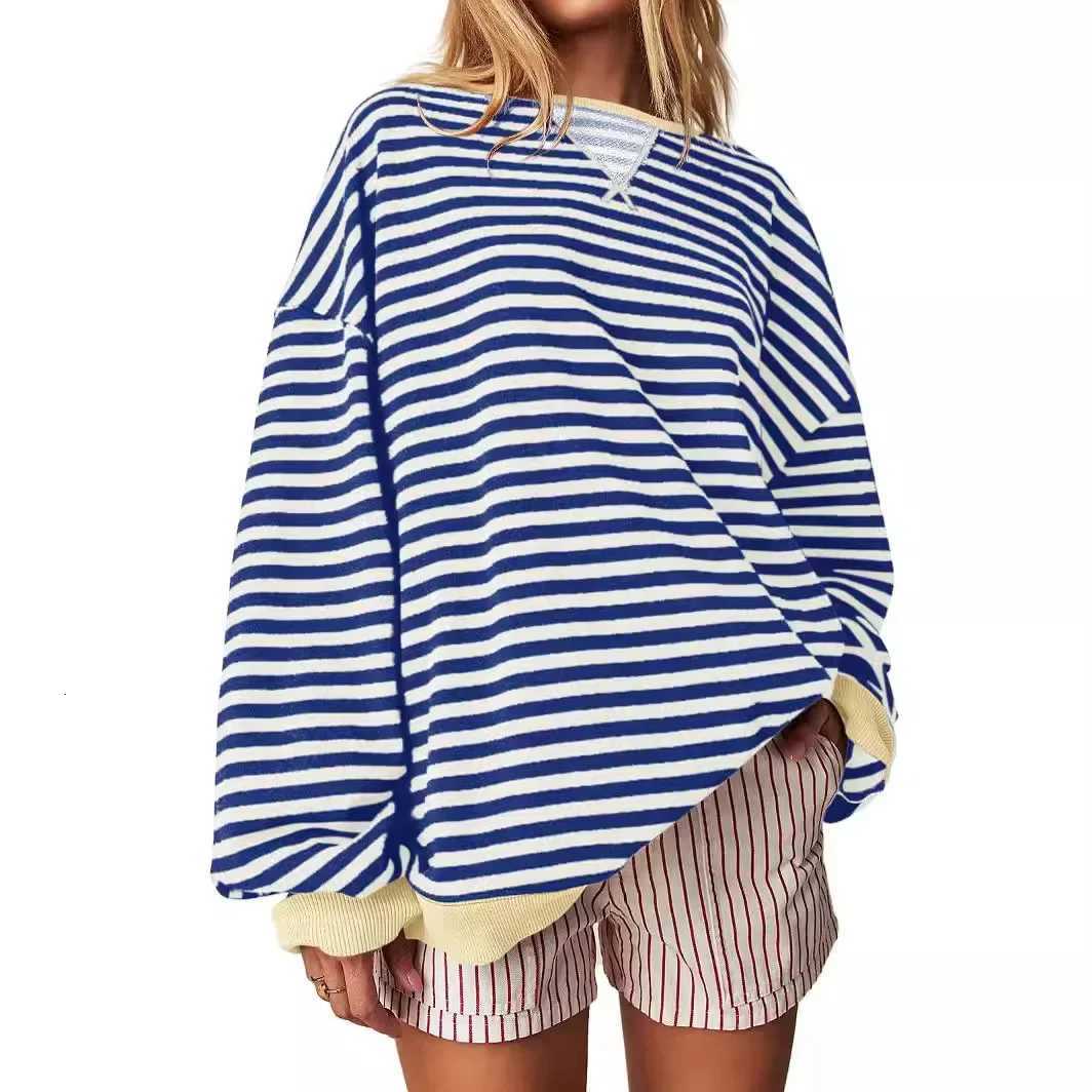 Casual Embroidered Striped Splicing Long Sleeve Crew Neck Pullover Hoodie Womens Clothing Comfortable Breathable Streetwear XJ250717