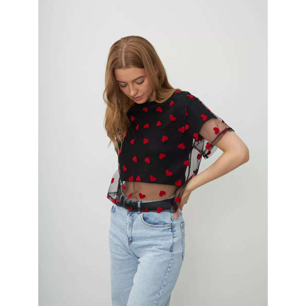 Summer New Heart Mesh Patchwork Color-Block T-Shirt For Women Fake Two-Piece Style Y2k Cotton Short Top B5