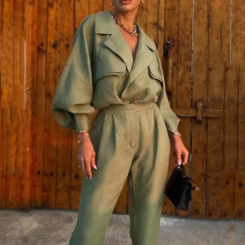 Two Piece Sets Women Pant Set Turn Down Collar Full Sleeve Tops Coats High Waist Long Pants Elegant Splice Slim Fit Summer 250715