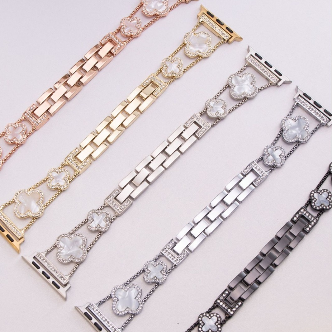 Compatible with iWatch S9 Clover Mother-of-Pearl Dia-Encrusted Apple Watch S8 SE Metal Strap ddmythur