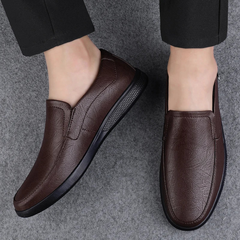 LETCOMFIT Mens Casual Business Oxfords TwoLayer Cowhide Rubber Sole Breathable Loafers SlipOn Solid Faux Leather Shoes 250717