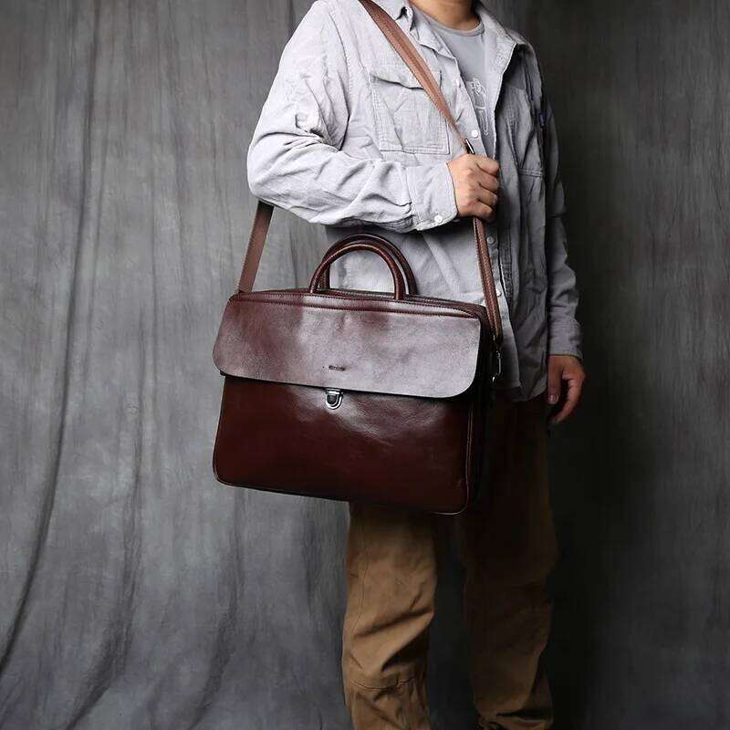 NZPJ Genuine Leather Men's Briefcase Vintage Natural Cowhide Handbag Large Capacity Crossbody Casual Fashion Computer Bag MDNG