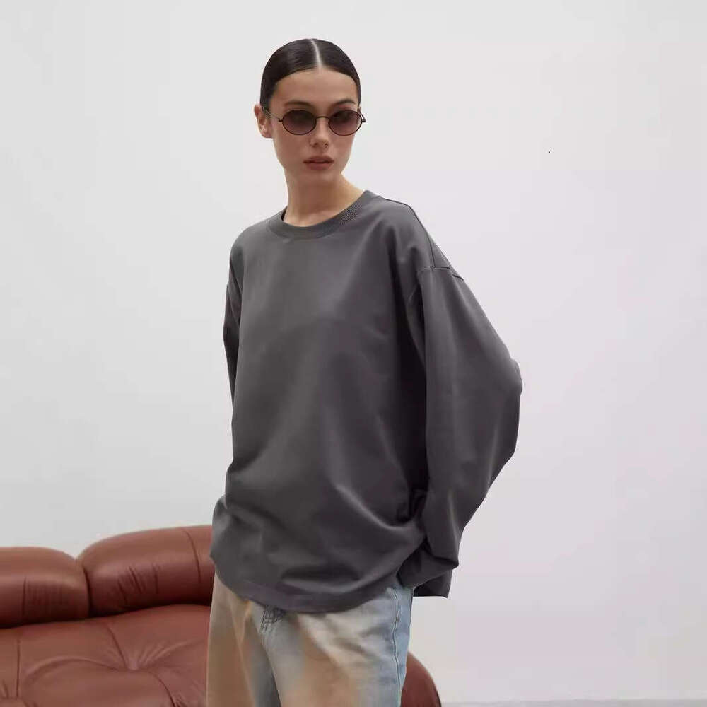 260G Combed Cotton Solid Color Long Sleeve T-Shirt For Women Loose Casual Round Neck Top High Quality B5