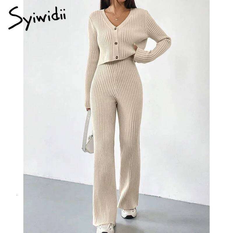 Syiwidii Autumn Women Suits Casual V Neck Single Breasted Tops High Waist Straight Pants Fashion Elegant Commuting 2 Piece Sets MDNG