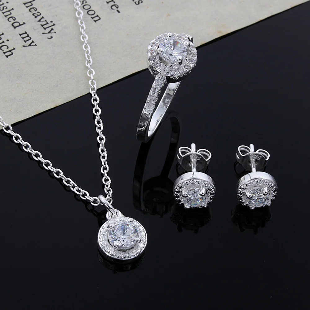925 Sterling silver Cute Solid Christmas gift fashion elegant women shiny crystal CZ necklace earring ring jewelry Set 250715