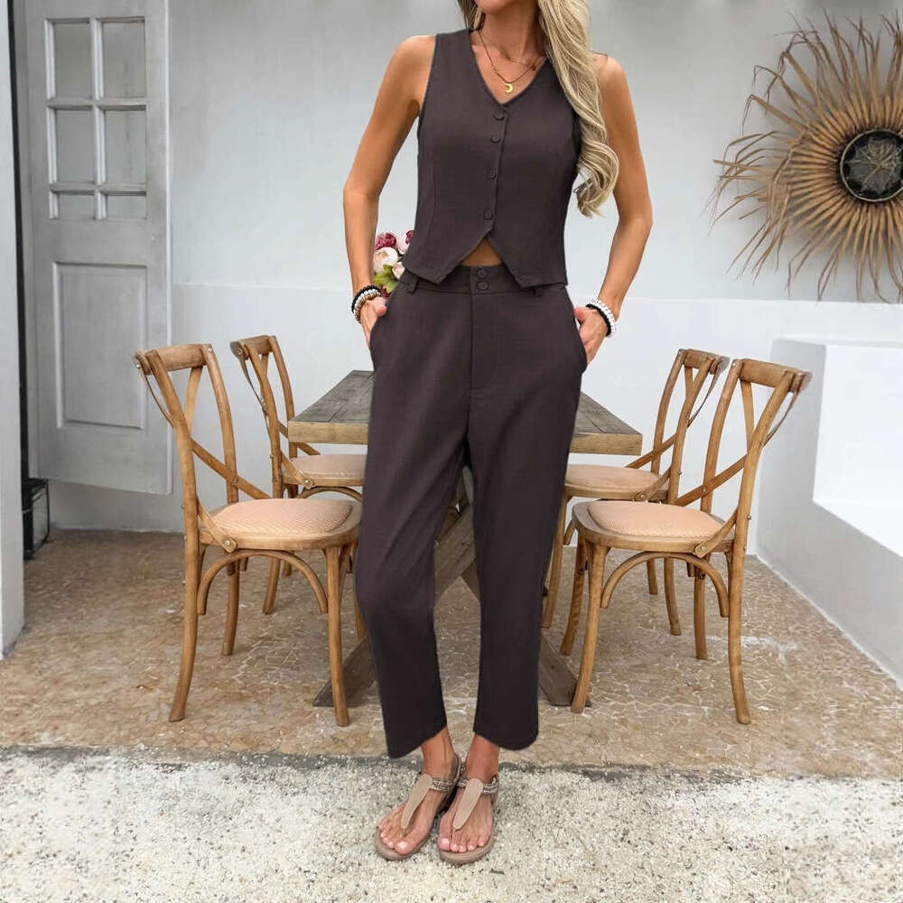Summer Women's Clothing Spring New V-Neck Sleeveless Vest And Dress Pants Casual Set B5