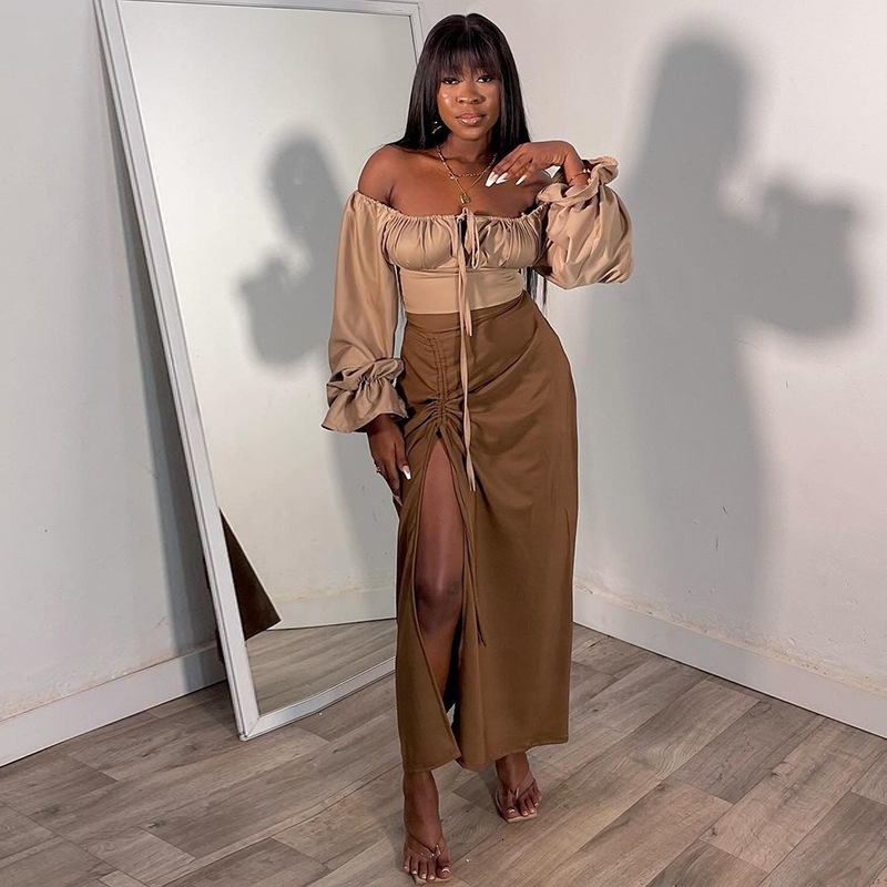 Womens 2024 Spring New Fashion Square Neck Flare Sleeve Short Top Split Skirt