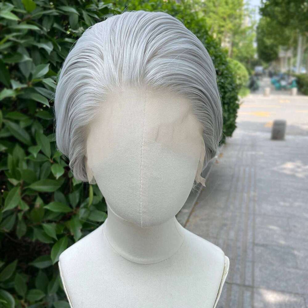 Sliver Gray Short Bob Cut Synthetic Women Cosplay For Men Light Grey Glueless 13X4 Lace Front Wigs