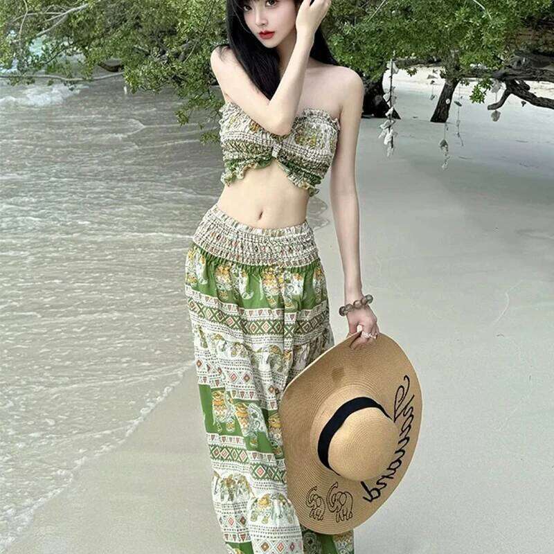 Bohemian Beach Set Handmade Print Wrap Skirt Crochet Top Strapless Swimsuit Thailand Vacation Summer Resort Wear
